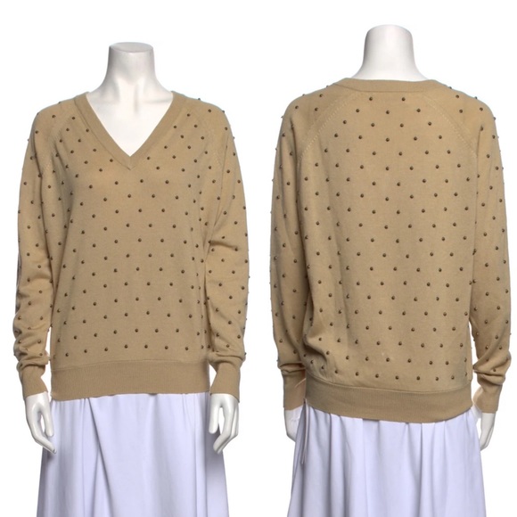 THE GREAT. Neutral Studded Polka Dot V-Neck Cozy Sweater - Picture 2 of 9